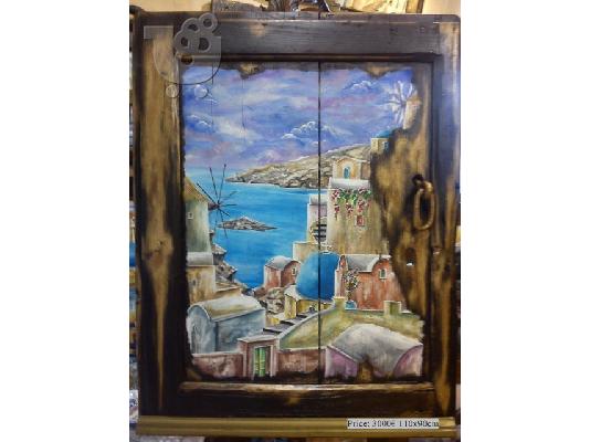 Painting in old wood by Aris Kizir Santorini Greece